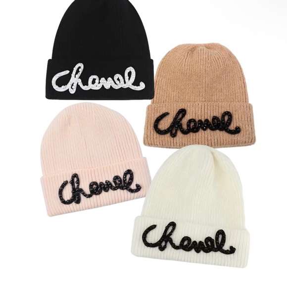 NEW! BLACK Script Pearl Beaded Letter Graphic Print Knit Beanie Hat Unisex - Picture 3 of 7